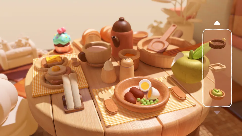 Woodo official Steam screenshot showing a warm wooden diorama